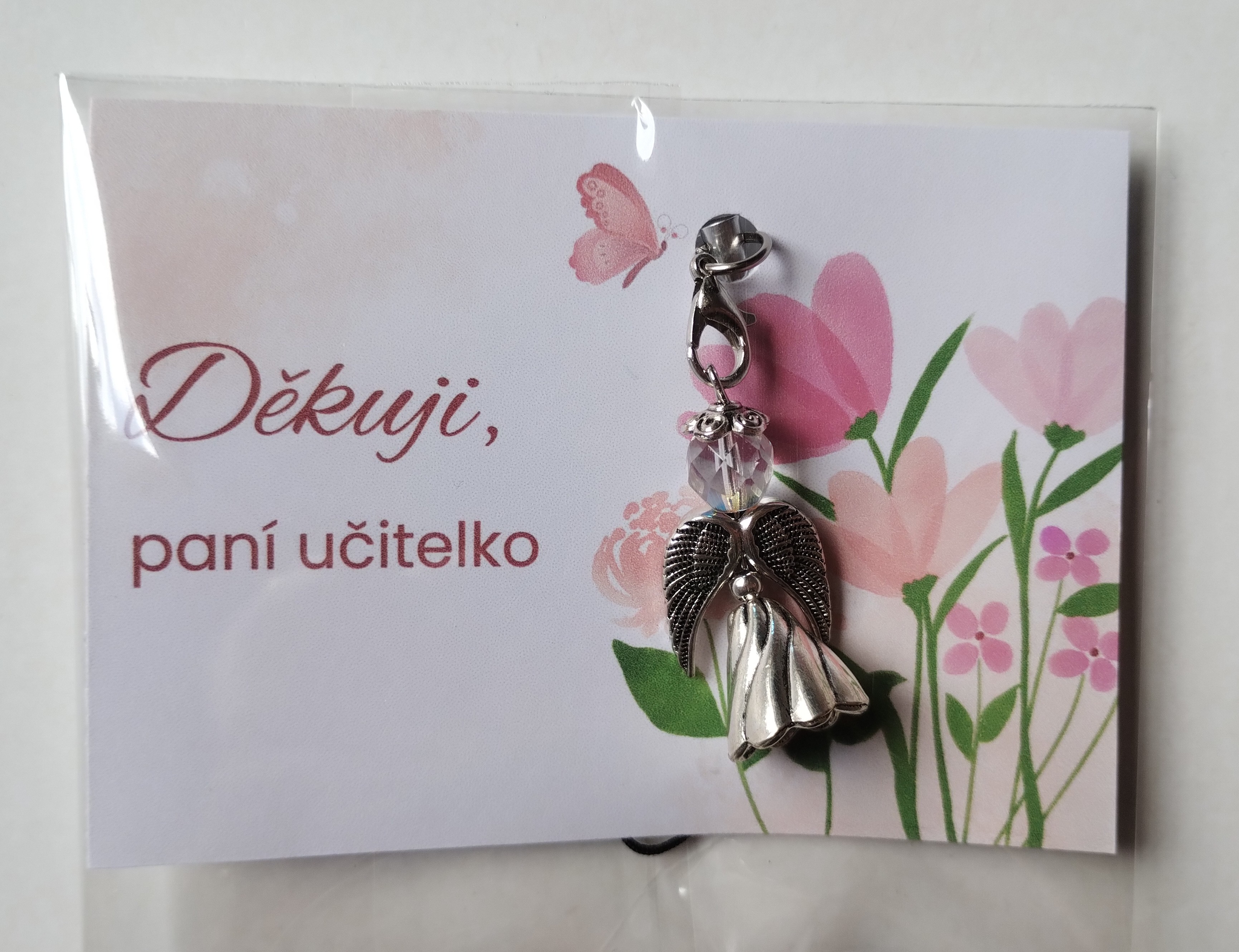 Andělíček na dárkové kartičce Děkuji paní učitelko
